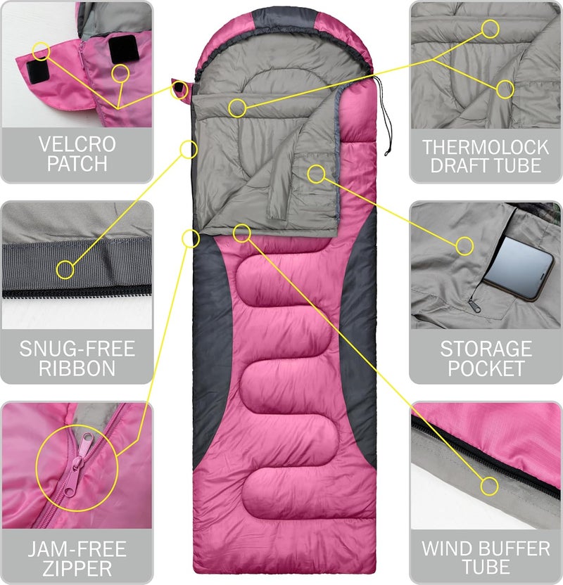 rioyalo 0 Degree Winter Sleeping Bags for Adults Camping (450GSM) - Temp Range (5F–32F) Portable Waterproof Compression Sack- Camping Sleeping Bags for Big and Tall in Env Hoodie: Backpacking Hiking 4 Season - Image 5
